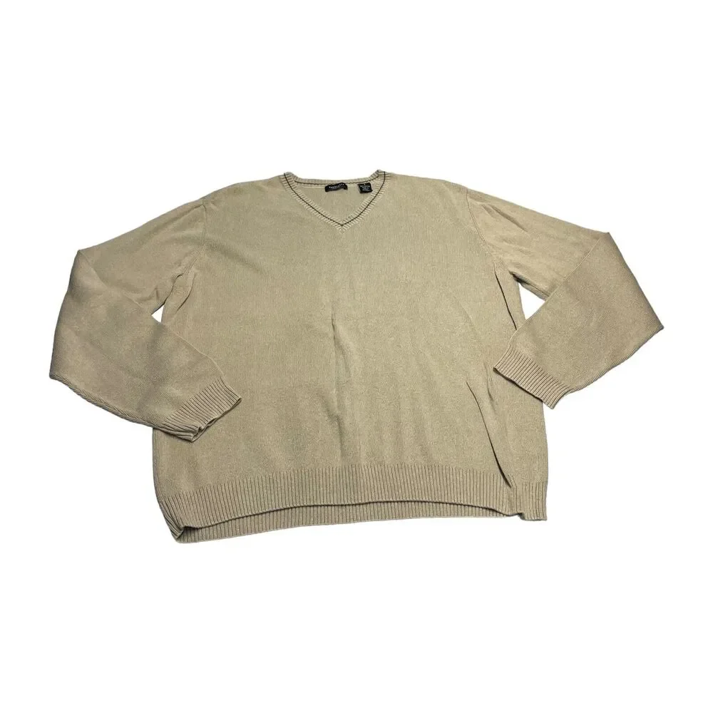 Van Heusen Sweater Men's Large Tan 100% Cotton Knit V-Neck Long Sleeve Pullover - Picture 1 of 6